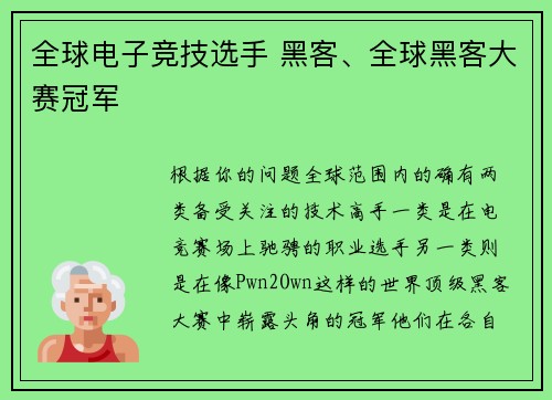 全球电子竞技选手 黑客、全球黑客大赛冠军